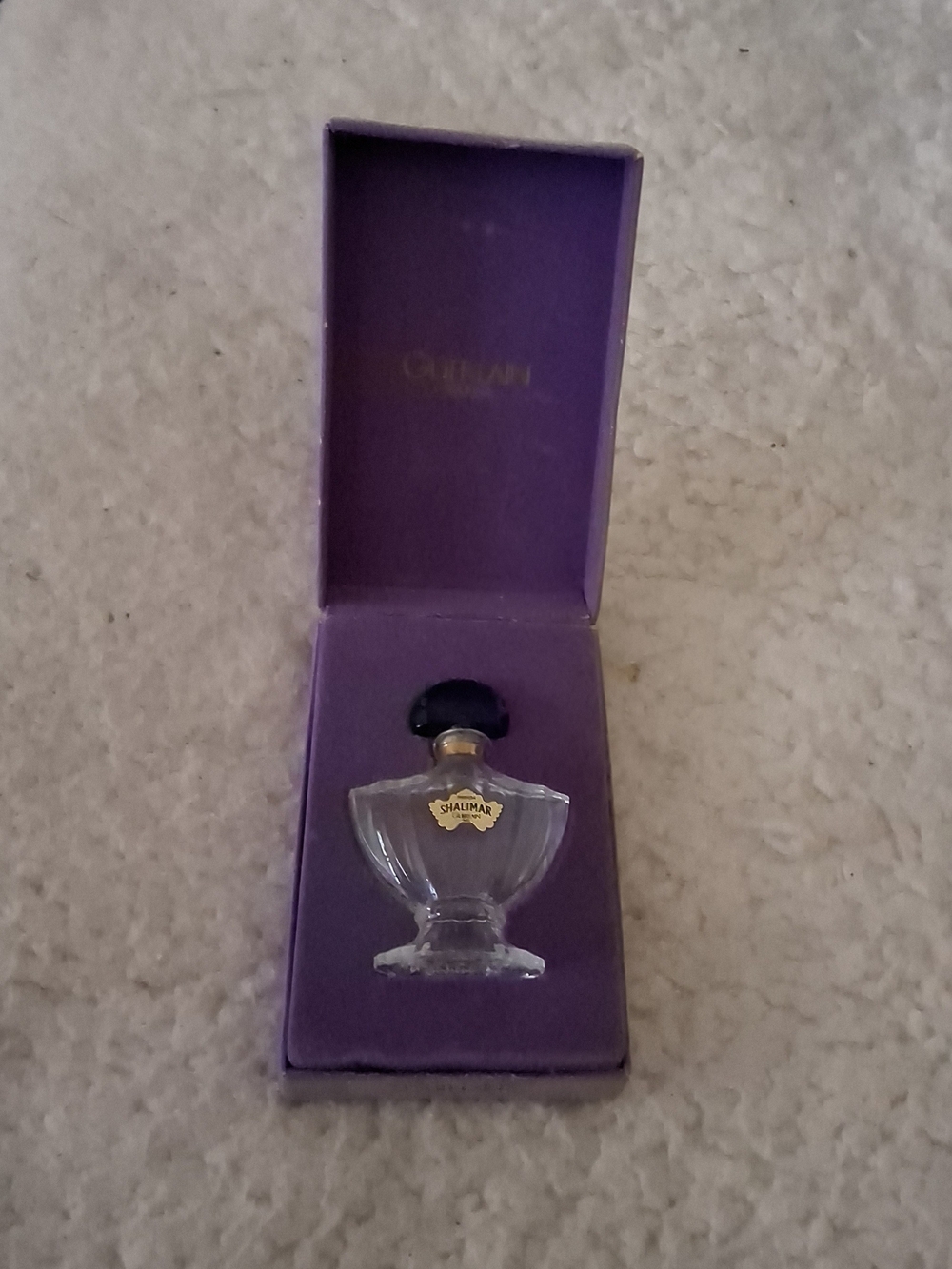 1960's Shalimar by Guerlain Boxed Empty Perfume Bottle 1.4oz W/Blue Baccarat Cap